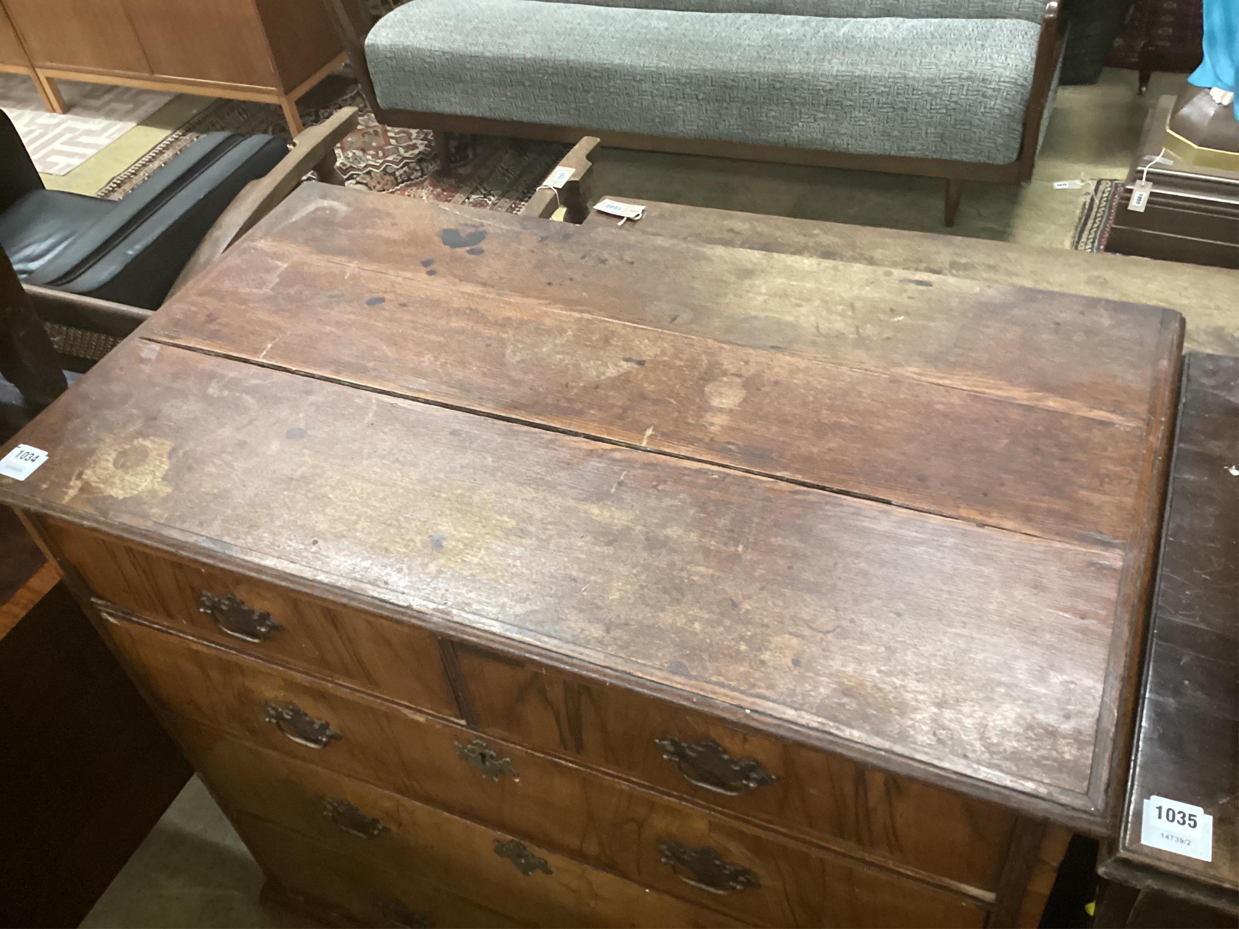 An 18th century oak and walnut chest, width 99cm, depth 54cm, height 102cm. Condition - poor